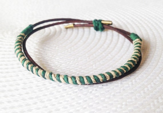 Mens leather bracelet - green, cream and brown