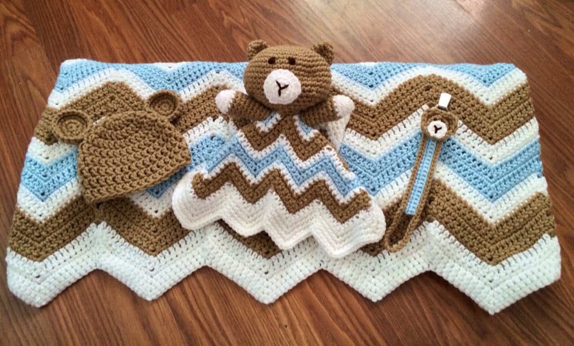 Baby Boy Chevron Teddy Bear Blanket Set