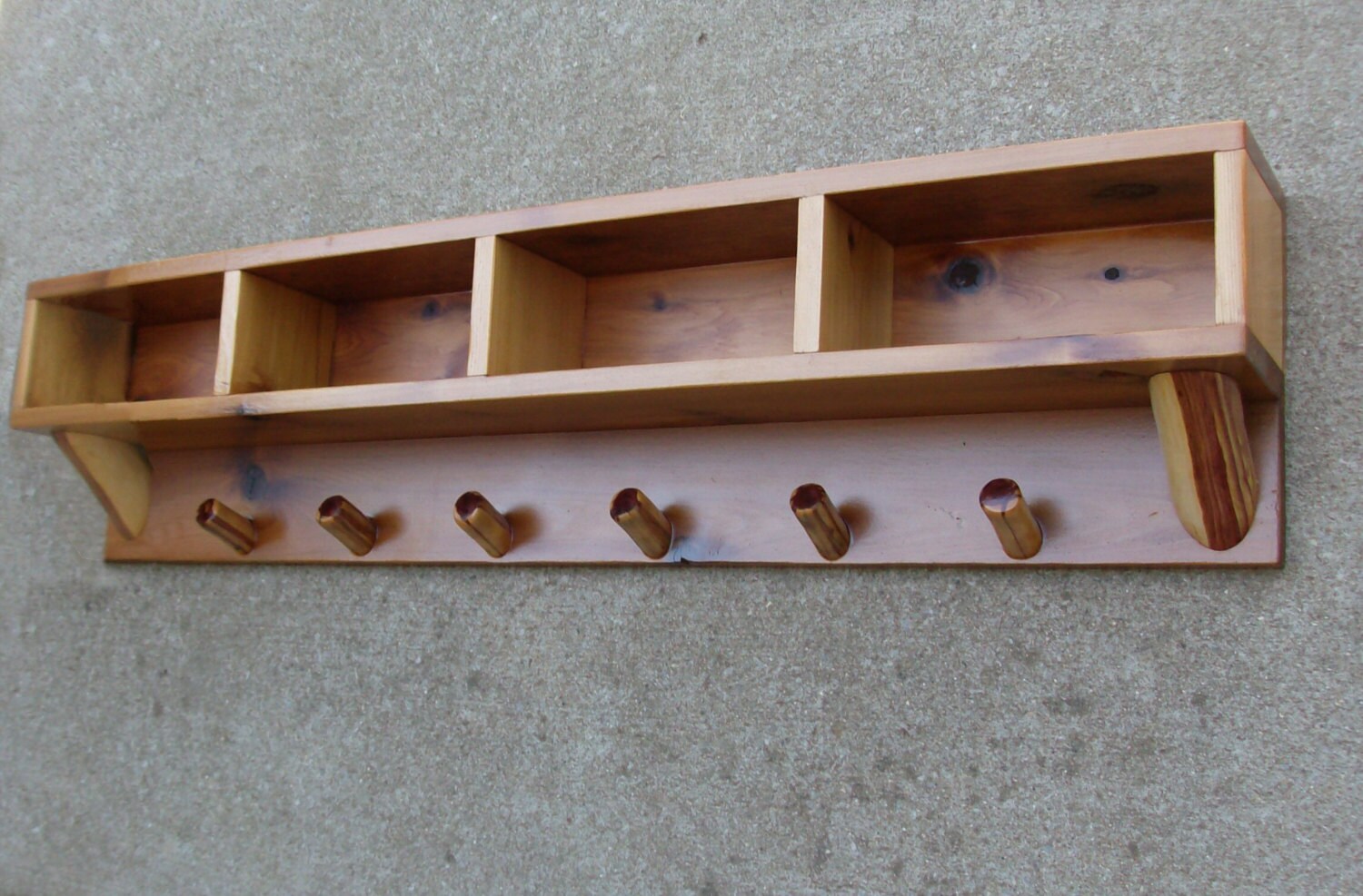 48 Rustic Cedar Wall Shelf with 3 Cubbies and 6 Pegs