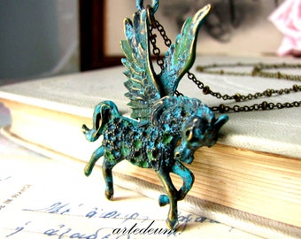 Winged Horse Necklace Pegasus Fantasy jewelry Verdigris Blue Antique vintage Mythology jewelry Mythical Creatures Gift for her