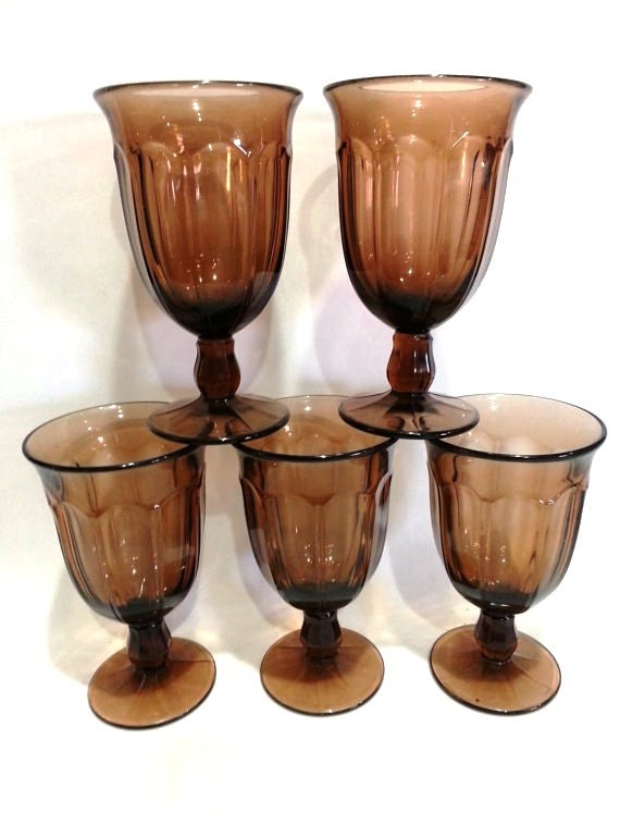Set of 5 Smoke Brown Drinking Glasses Water Wine by DeAnnasAttic