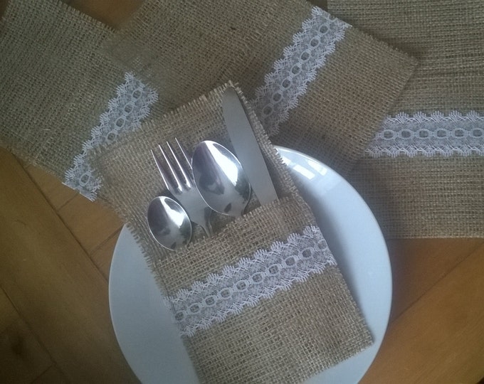 Burlap Silverware Holders with White Lace , Rustic Wedding,Set of 100