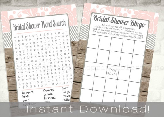 Blush Pink BRIDAL Shower Games Set / Bingo and Word Search Cards / wood plank look / digital printable files / INSTANT DOWNLOAD / rustic Il_570xn