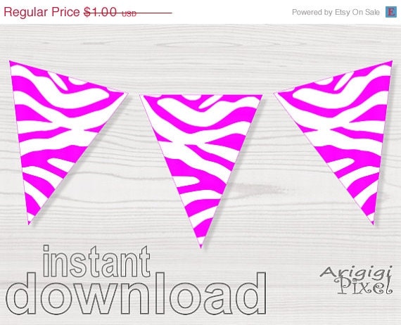 WEEKEND SALE 50% OFF Printable Hot Pink Zebra Pennant Party Banner Diy Birthday Girl Baby Shower Bachelorette Girls Night Instant Download Il_570xn