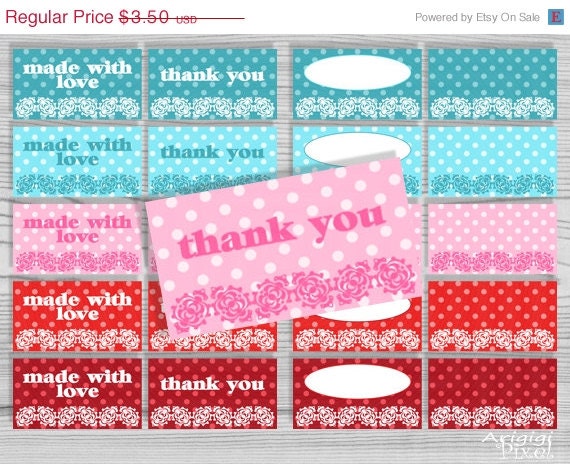 WEEKEND SALE 50 % OFF printable tags, thank you , made with love, blank gift tags, polka dot, lace border, red, blue, pink, instant download Il_570xn