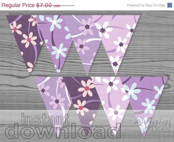 ON SALE 50 % OFF printable violet party banner, flower pattern, purple spring decoration, birthday, anniversary... Il_570xn