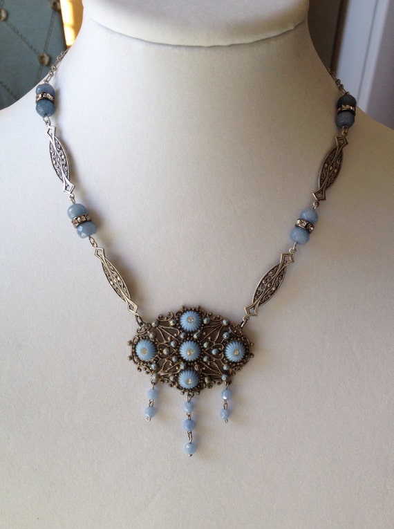 Items similar to Repurposed vintage brooch necklace, cornflower blue ...