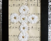 Framed doily/handmade cross framed /antique music paper/shabby chic decor/white color/repurpose antique