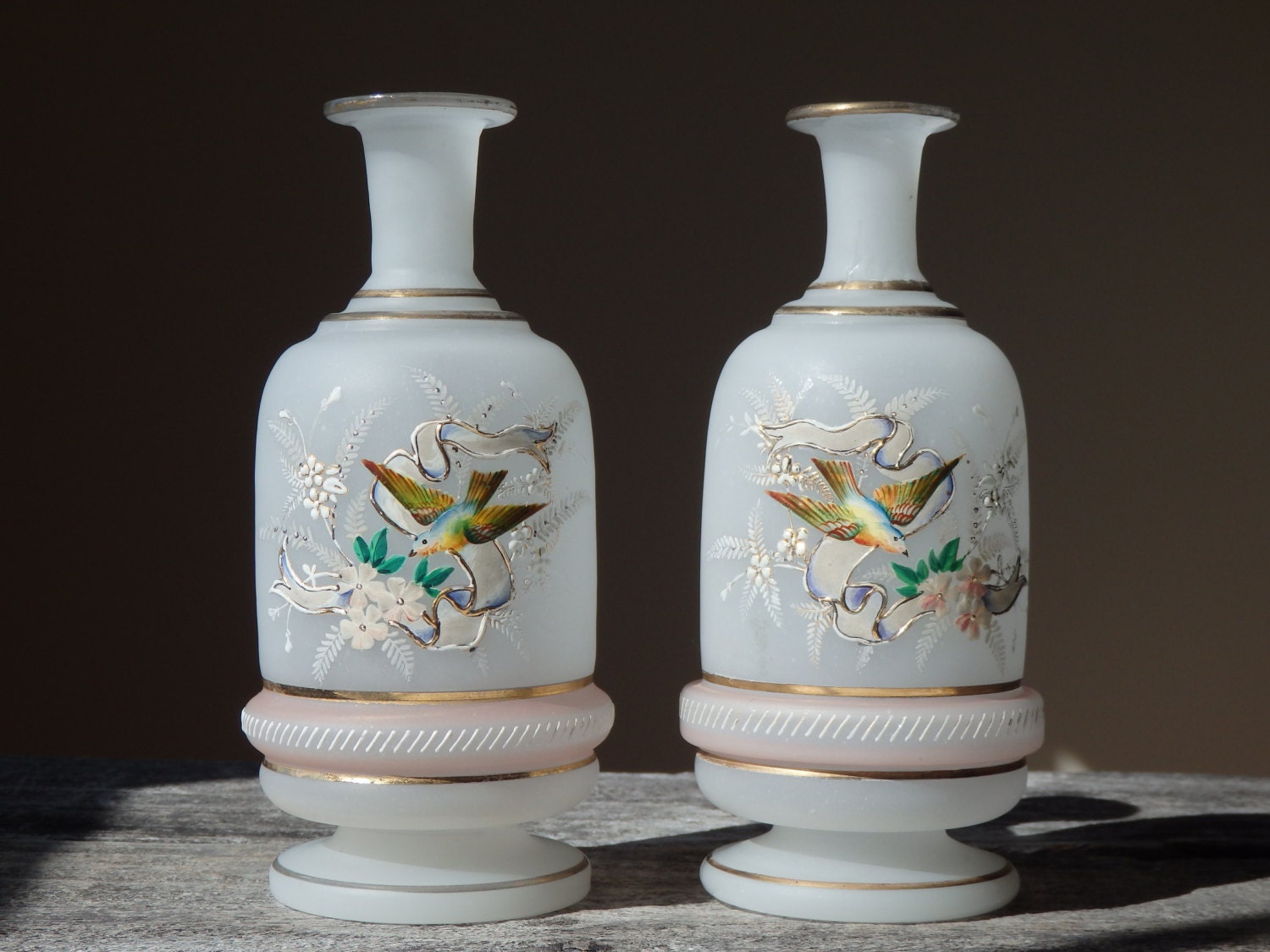 Antique Bristol Glass Vase Bird Hand Painted Pair by AveryandAllen