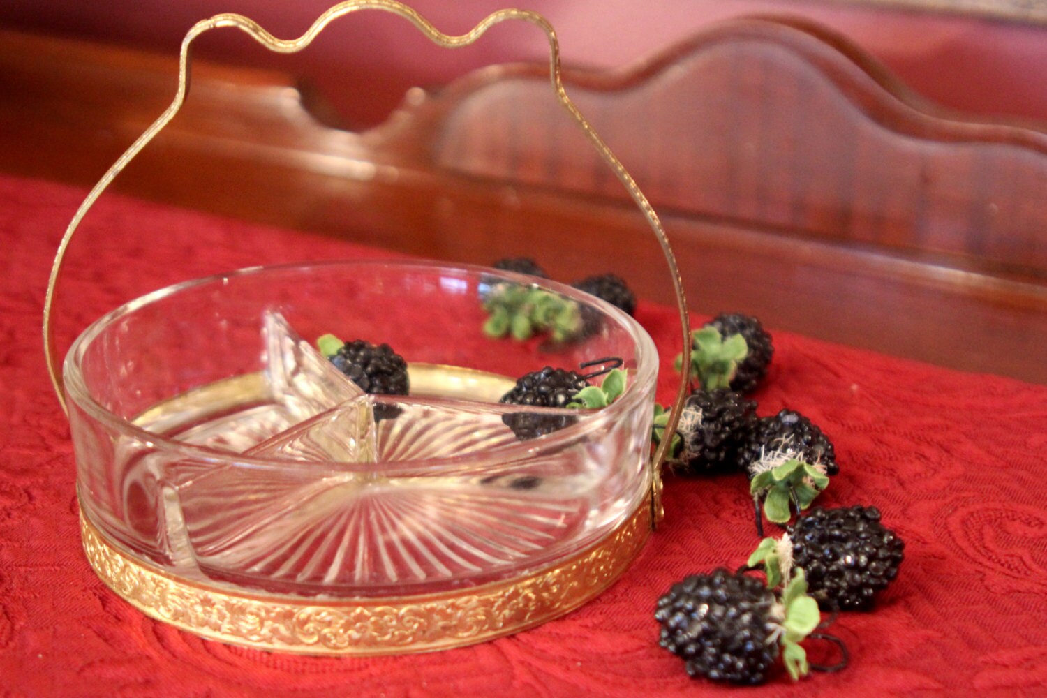Three Section Divided Glass Condiment Dish – Gold Metal Floral Frame ...
