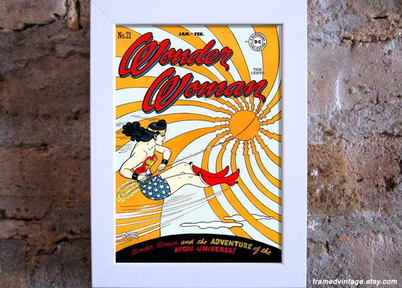 Wonder Woman Comic Art Print, Framed Art, Comic Book, Spiral, Red Gold