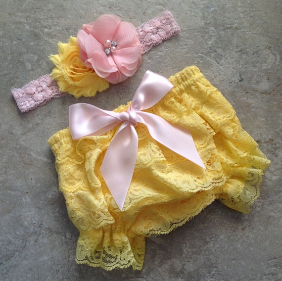Yellow pink bloomer set Lace Bloomer by BabyLiloHairBoutique