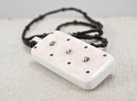 WiReD Boutique: Pink Fleur de lis Gemstone Domino Pendant with Black Beaded Necklace