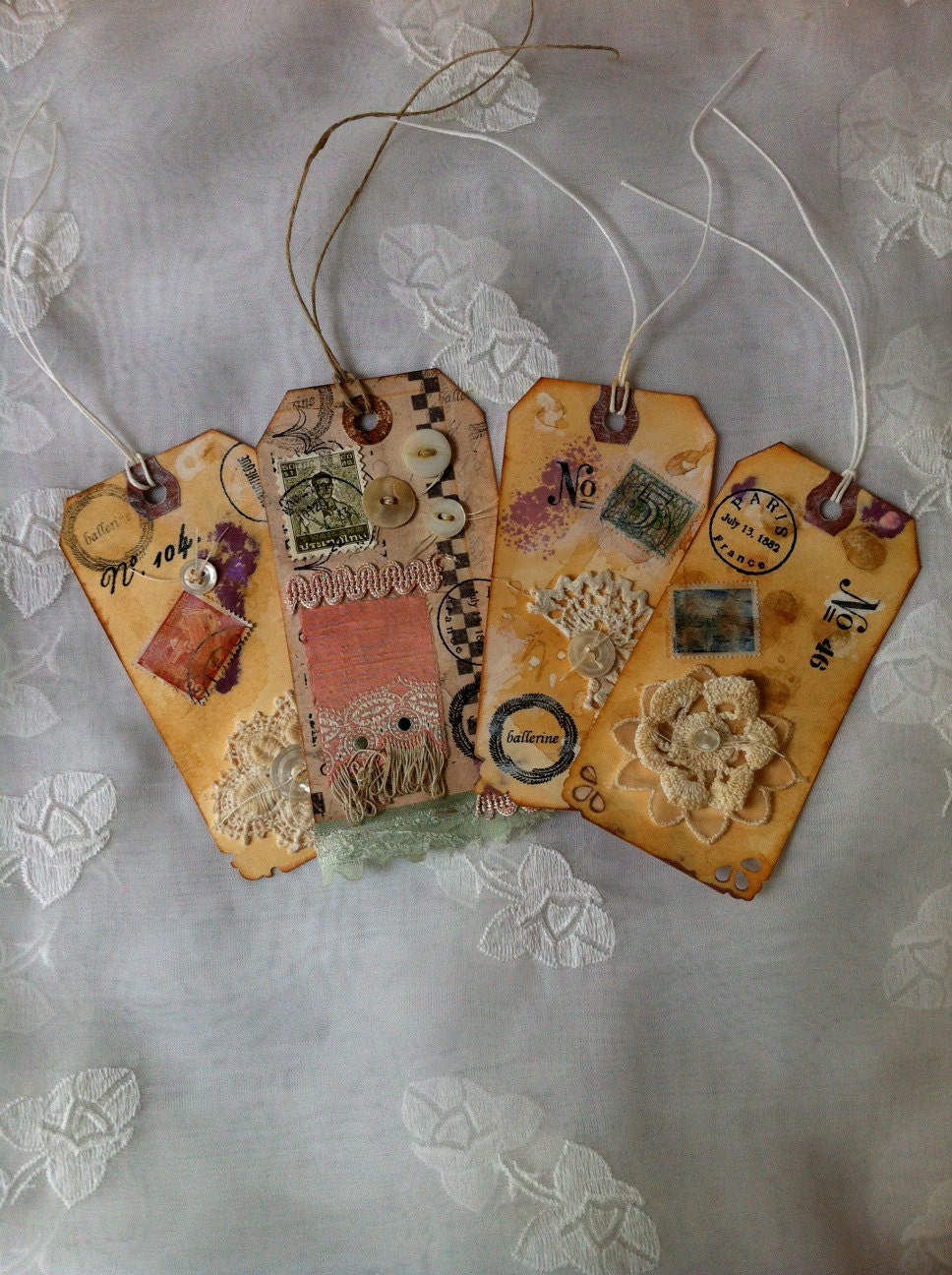 Mixed Media Tags Set of 4 Collage Antique Trim Antique