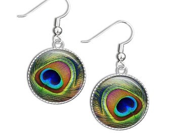 Peacock Jewellery - Feather Earrings - Peacock Glass Earrings - Glass Drop Earrings (PJF1)