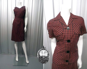 Vintage 50s 60s Wiggle Dress Jacket Pencil Sheath Red Plaid Checked ...