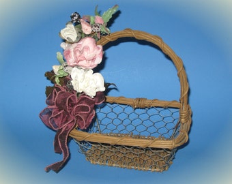 7" x 7" Wood + Wire Basket/Planter with Victorian-style Flowers and Bow