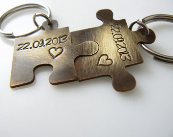 Puzzle keychain, set of 2, Valentine's Day, hand stamped, his and hers set, couple set, boyfriend girlfriend jewelry