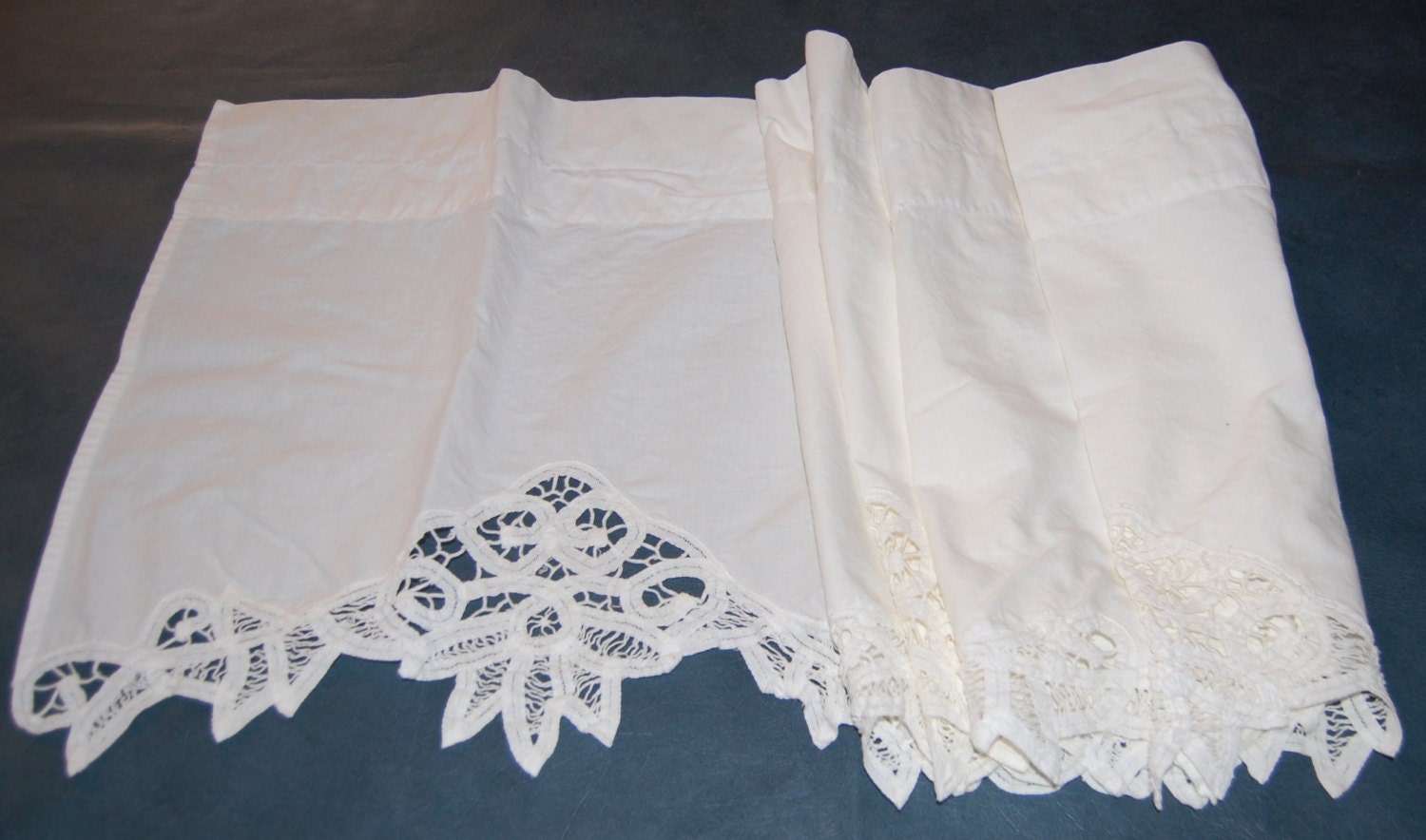 Two VINTAGE White Lace Scalloped Valance Curtains