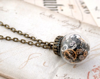 Glass Globe Pendant Necklace Steampunk Jewelry Glass Dome Globe Steampunk Terrarium Statement Necklace Watch Parts in Glass Bubble Pendant