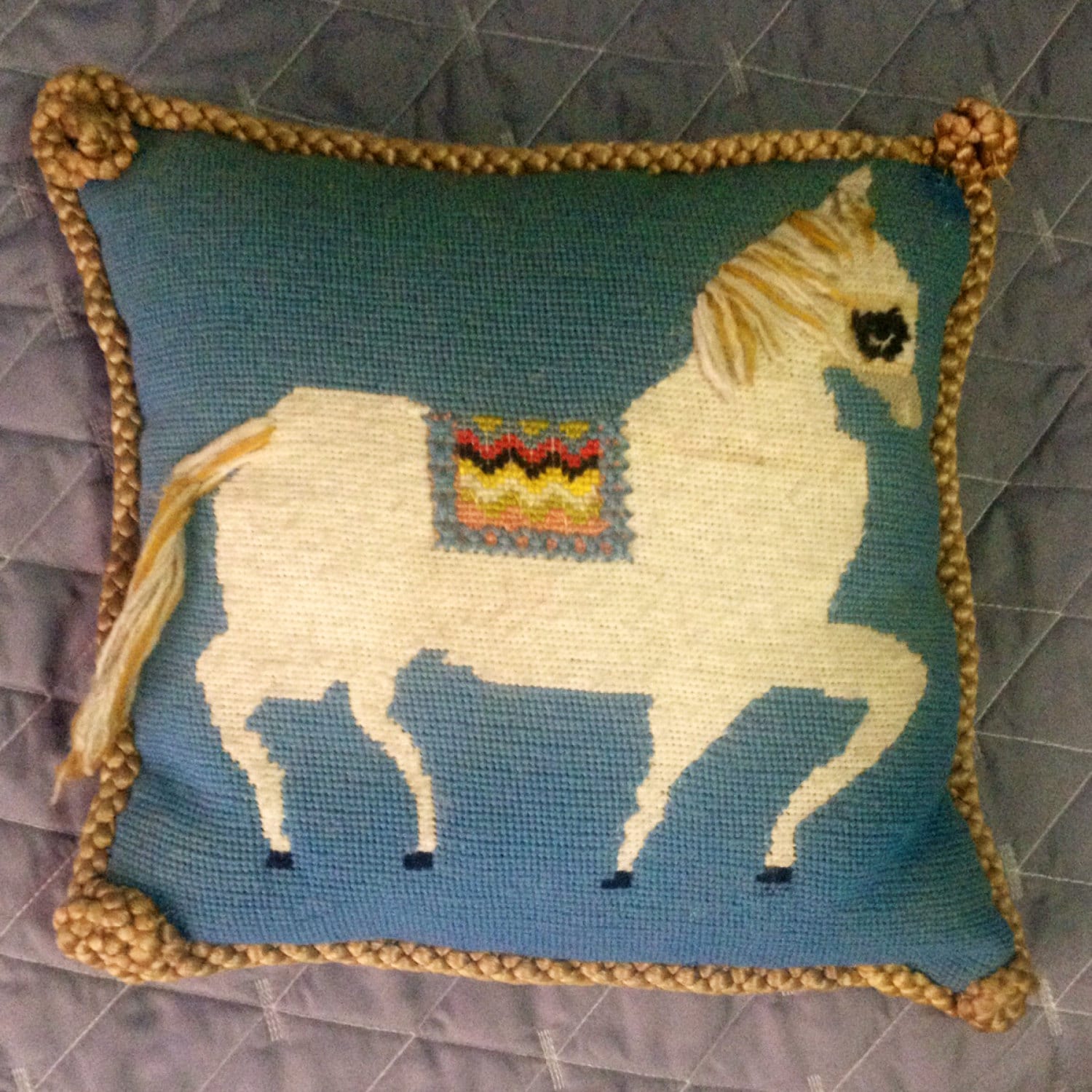 Vintage Needlepoint Horse Pillow French Rare Antique
