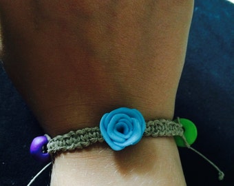 Macrame Hemp Bracelet, Natural Hemp, Light Blue Rose