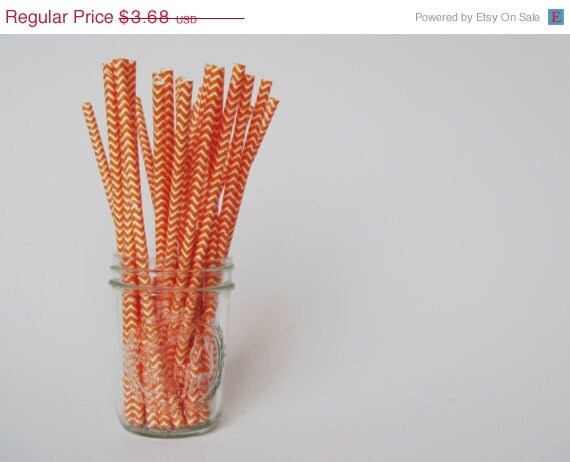 ON SALE 25 Orange and White CHEVRON Paper Straw - ships less than 24 hours Il_570xn