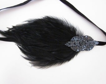 Gray 1920s headband, great gatsby headpiece, black feather headband, Royal blue feather fascinator, flapper dress, pewter Art Deco headpiece