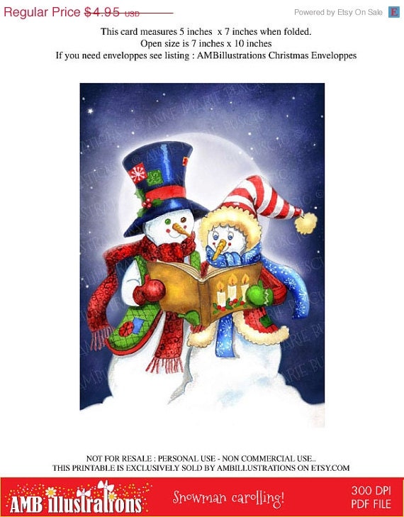 80% OFF Printable Christmas cards DIY instant download - Snowmen carolling AMB-627 Il_570xn