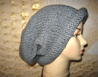 Slouchy knitted hat for women. Chunky grey hat.