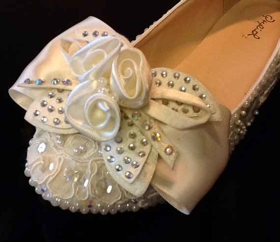 Wedding Shoes Bridal Flats Rhinestones Pearls Hand