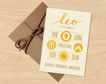 Leo Card! Astrological Sun Sign, Zodiac Design. Stationery, Birthday Gift. Envelope included.