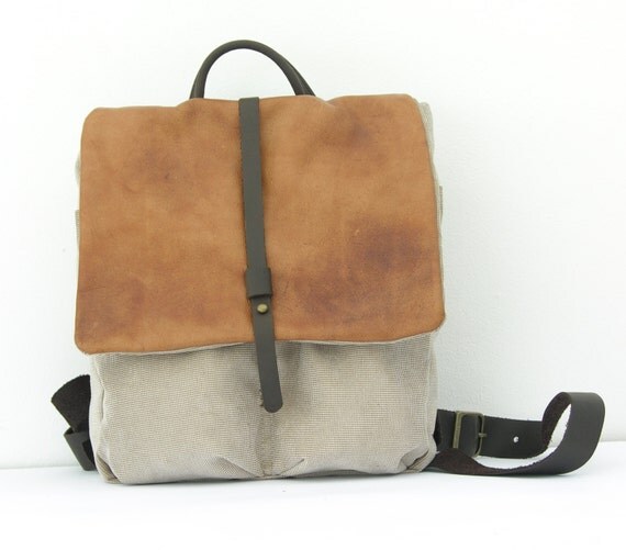 Beige and Tan Backpack Leather and Cotton Rucksack by RuthKraus