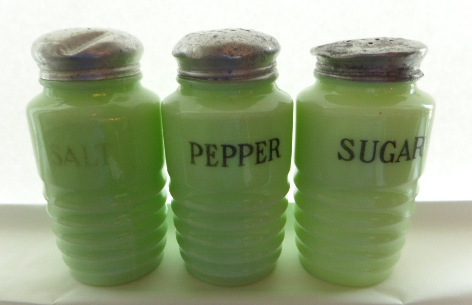 Jadeite Jadite Beehive Shakers Salt Pepper Sugar Fire King Set