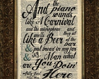 Billy Joel, Piano Man Verse 6 Calligraphy, Lyric, on Antique Dictionary Art Print,Wall Decor,Wall Art Mixed Collage
