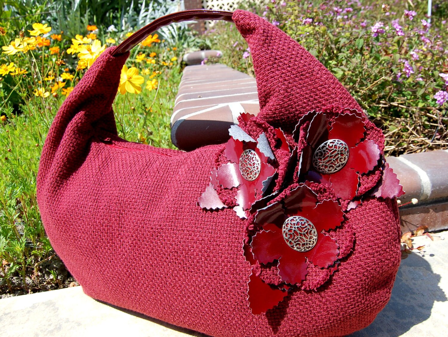 Red tweed boatshaped bag with leather flower by RedVelvetHandbags