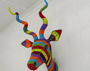 African Beaded Wire Animal Sculpture - KUDU ANTELOPE TROPHY Head - Rainbow