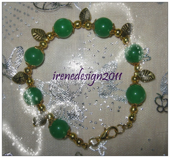 Beautiful Handmade Gold Bracelet with Green Jade & Leaves by IreneDesign2011