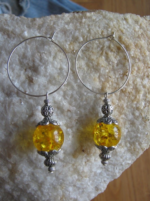 Beautiful Silver Hoop Earrings with Amber