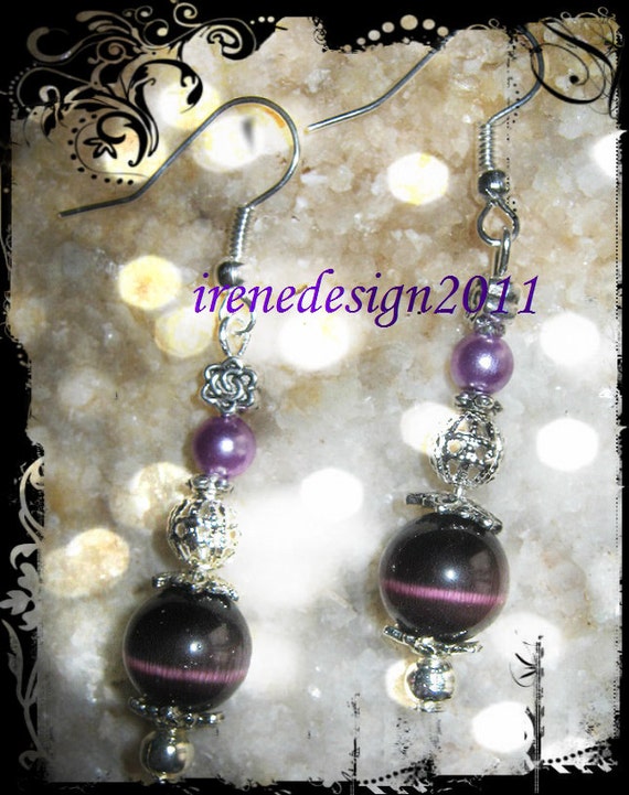 Handmade Silver Earrings with Purple Cat Eye, Pearl & Rose by IreneDesign2011