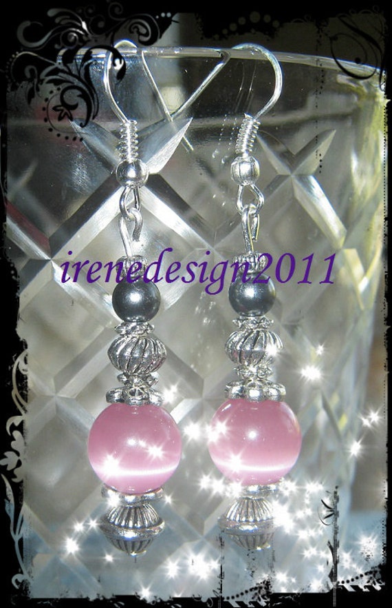 Handmade Silver Earrings with Pink Cat Eye & Black Pearl by IreneDesign2011