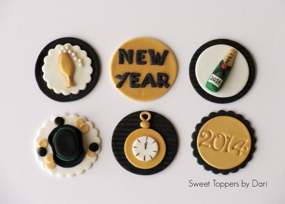 Fondant New Year's Cupcake Toppers- Wine Glass, Champagne Bottle, New Year's Logo, Count Down Clock, New Year's Party Hat, 2014 Topper