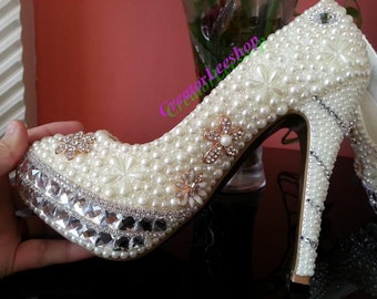 Items similar to High Heels Bridal Shoes, Pearl swarovski Crystals ...