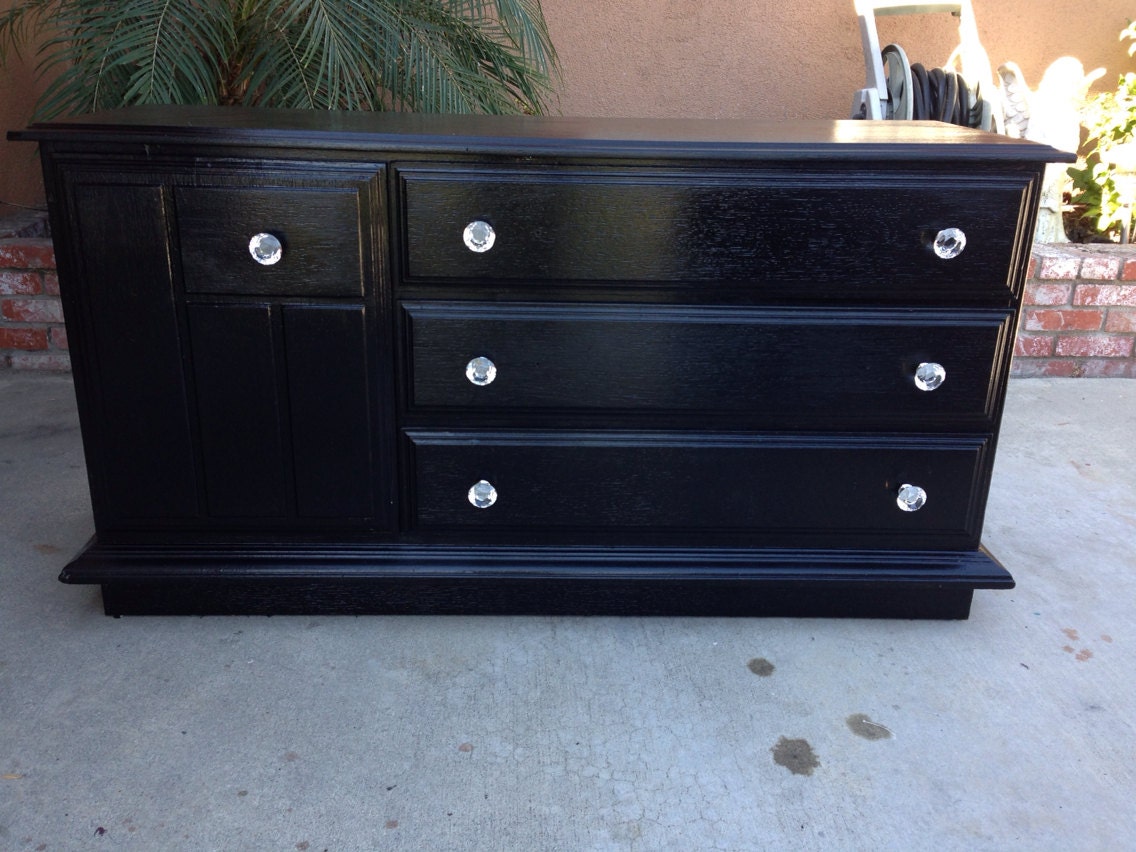 SOLD Modern black dresser with crystal knobs