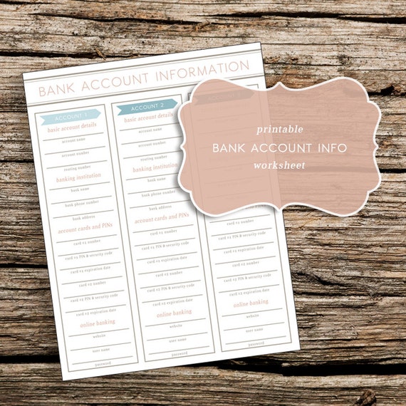 Printable Bank Account Information Worksheet by TrewStudio on Etsy