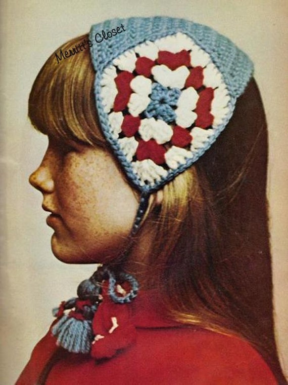 pattern granny headband crochet square Square yarn tie Crochet Headband ends, Vintage with Granny doll