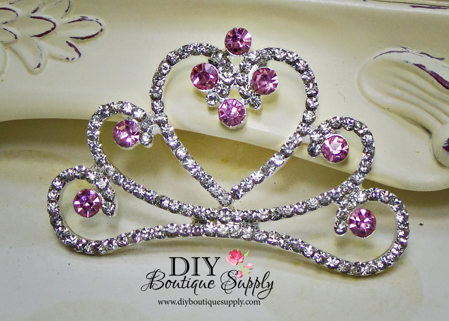 Large PINK Clear Crystal Princess Crown Rhinestone Flatback Tiara Crown Embellishment Rhinestone Buttons Bow Headband Supplies 55mm 652100