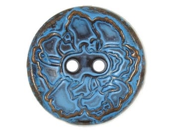 Metal Buttons - Copper Flower Blue Metal Hole Buttons - 20mm - 3/4 inch - 6 pcs
