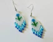 Blue Flower Dangle Earrings, Shiny Blue Bugle Bead Accent