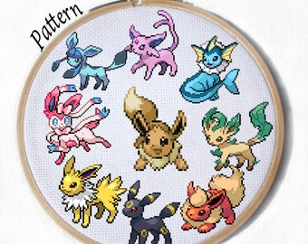 All Eeveelutions- PDF 9 Cross stitch patterns- Eevee, Jolteon, Flareon, Vaporeon, Umbreon, Espeon, Leafeon, Glaceon and Sylveon